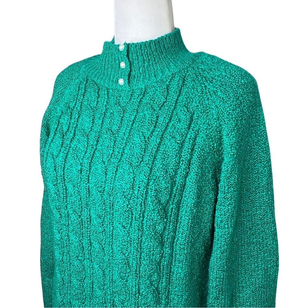 Vintage Cable Knit Sweater Faux Pearl Tall Collar Miranda Emerald Green Medium M - Picture 3 of 17
